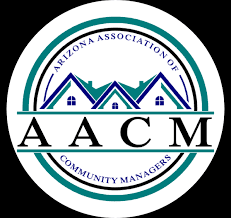 Logo of the Arizona Association of Community Managers, featuring the acronym AACM and three stylized houses enclosed within a circular design.