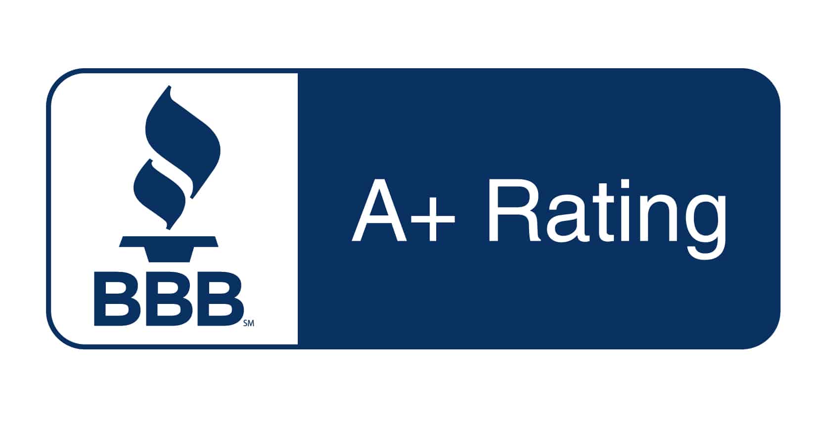 BBB logo with A+ Rating in white text on a dark blue background.