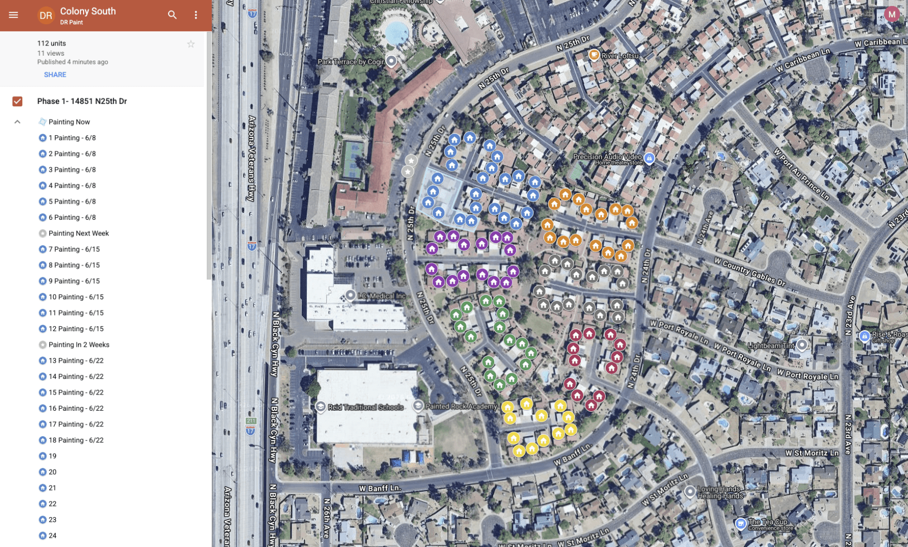 Aerial map showing homes with colored markers