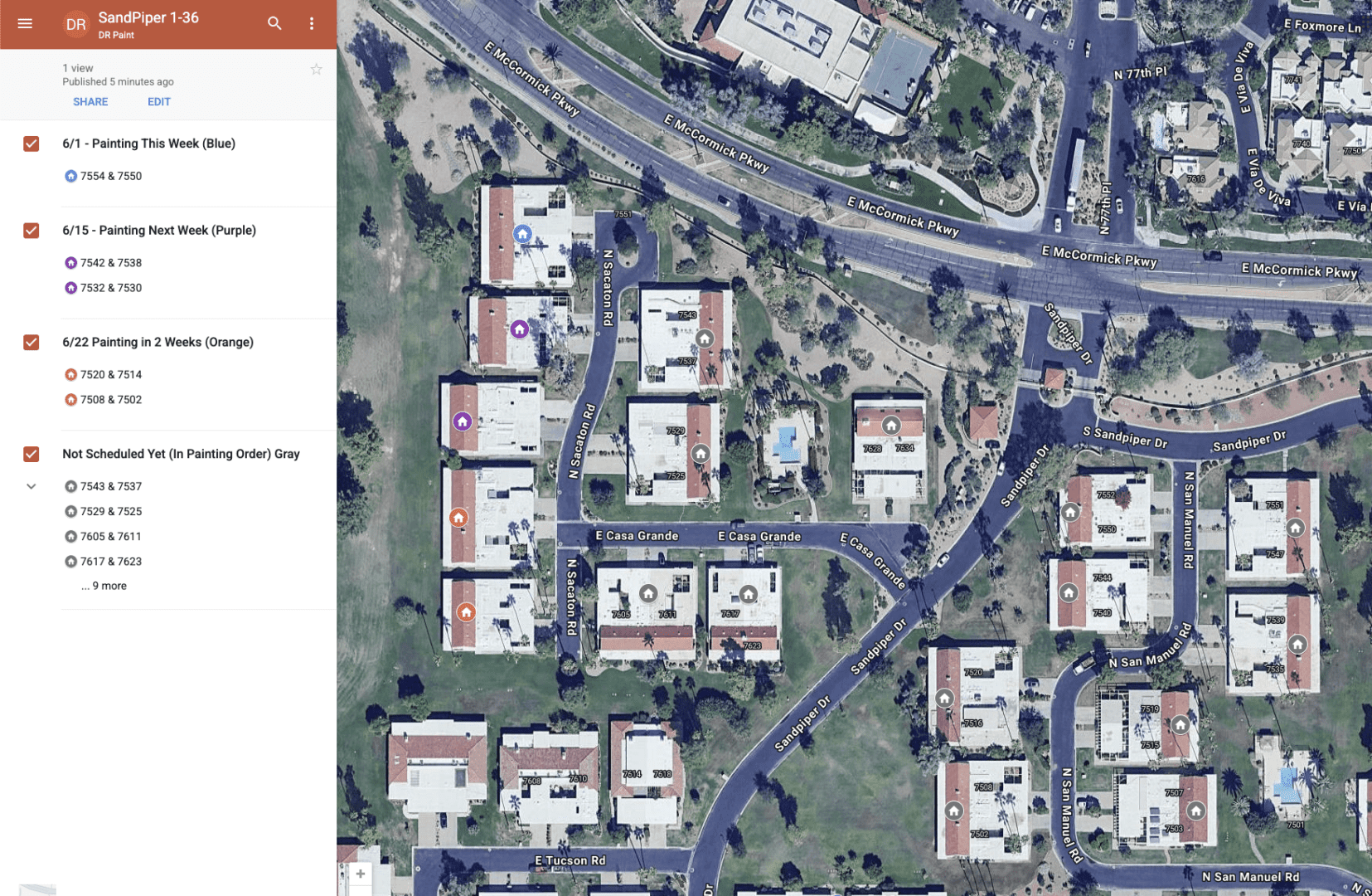 Satellite view of apartment complex with menu